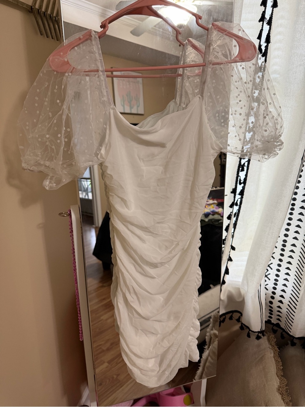 White Puff-Sleeve Mini Dress with Sheer Polka Dot Sleeves